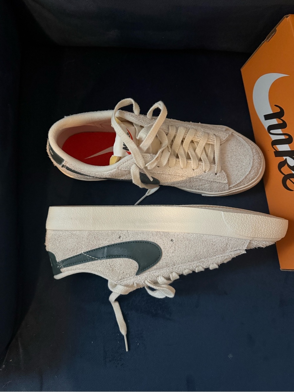 Nike Women’s Suede Low-Top Sneakers in Off-White with Dark Green Swoosh - Picture 7 of 10